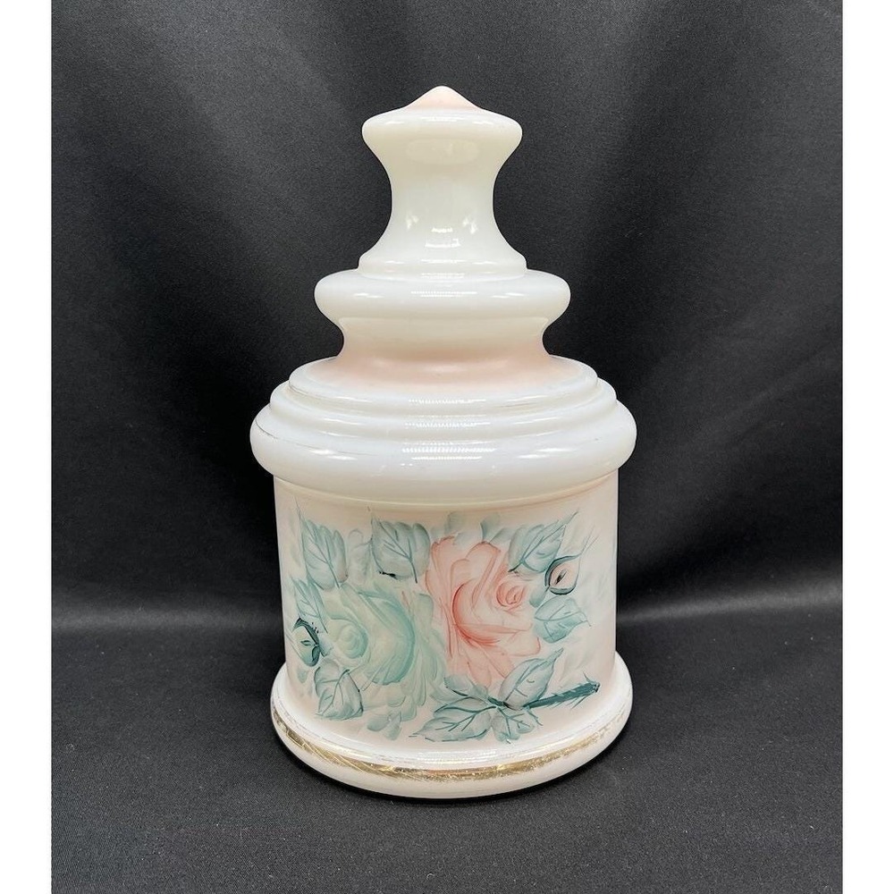 Vintage Milk Glass Apothecary Jar Hand Painted Pink Rose Vanity Canister Lid